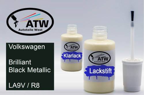 Volkswagen, Brilliant Black Metallic, LA9V / R8: 20ml Lackstift + 20ml Klarlack - Set, von ATW Autoteile West.